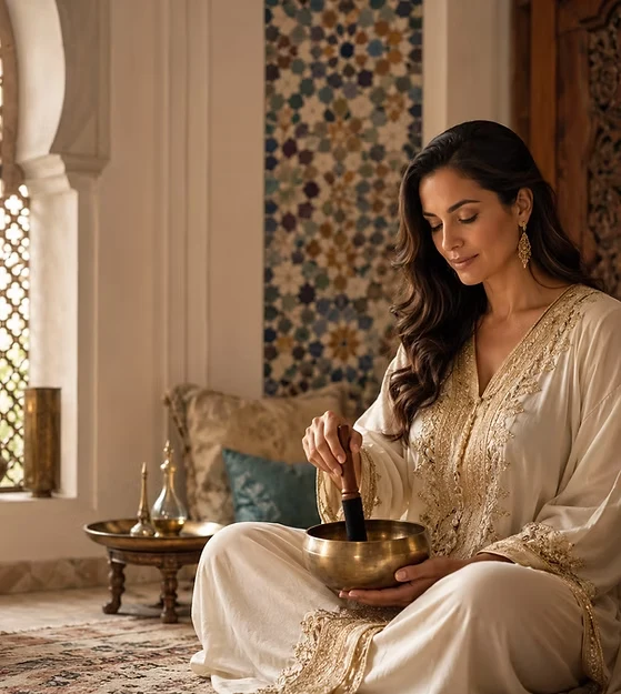 Woman practicing meditation with a singing bowl in a Moroccan-inspired room