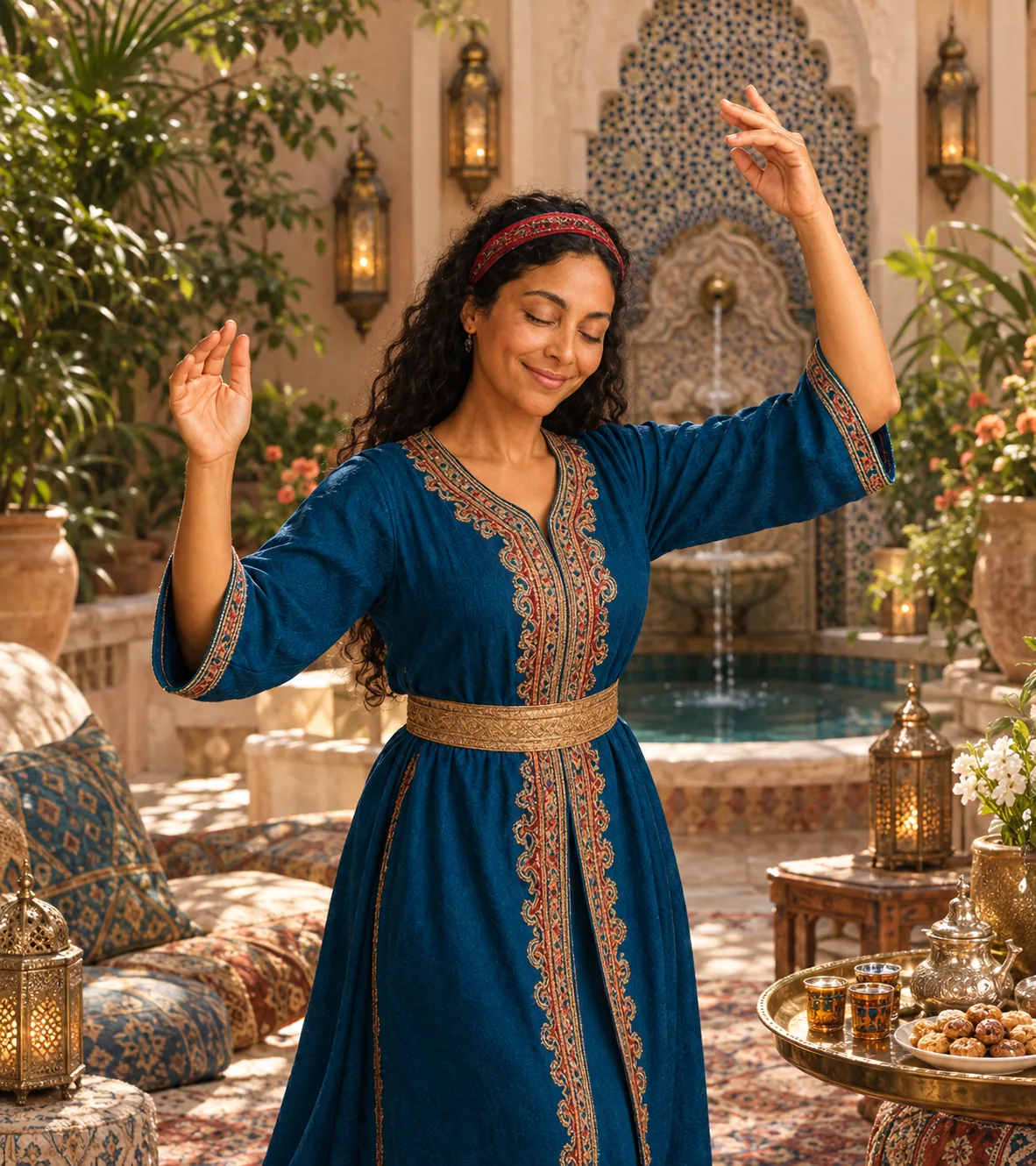 Woman practicing cultural dance in a Moroccan-inspired setting