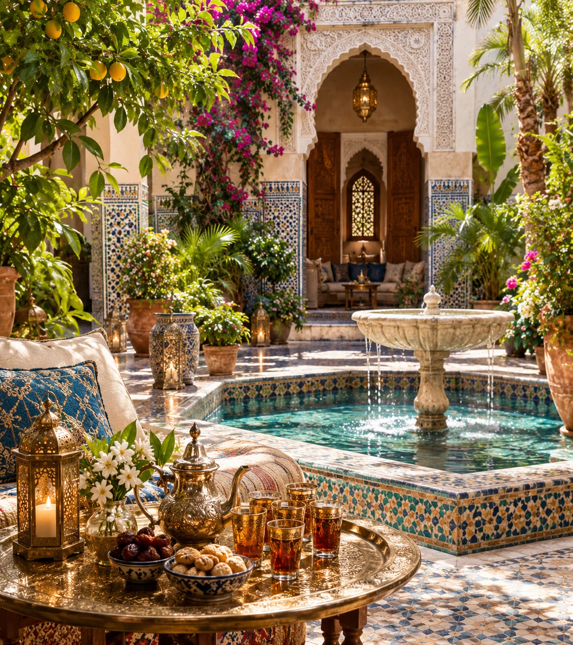 Moroccan riad courtyard with mosaic fountain, bougainvillea, and a brass tea set