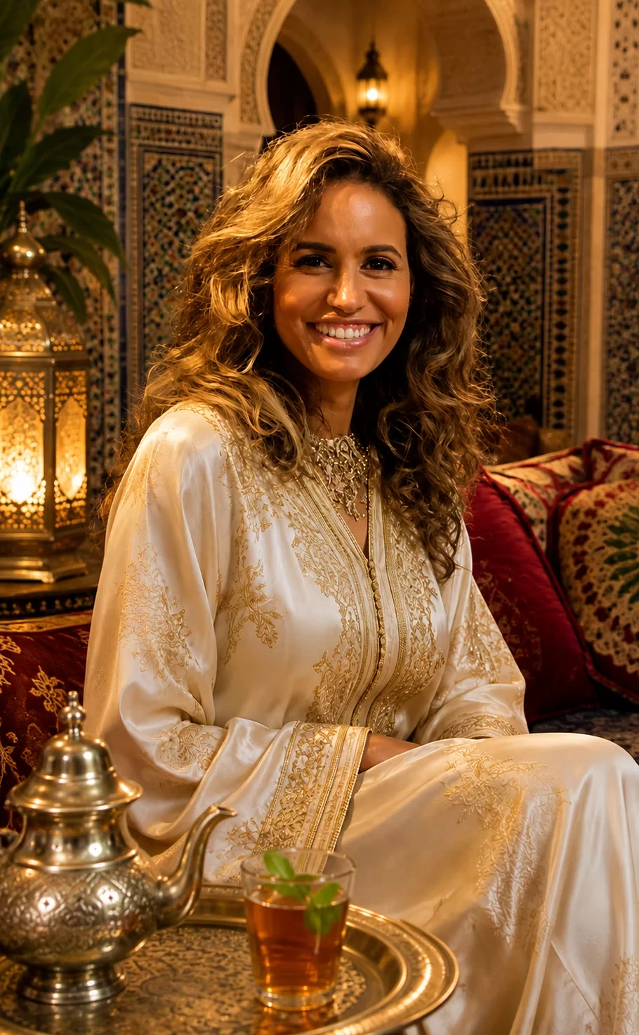 Hind Lalami in a Moroccan caftan with a traditional tea set