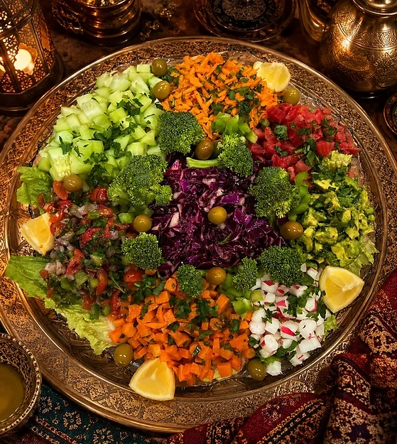 Colorful Moroccan heart-healthy salad on a brass tray