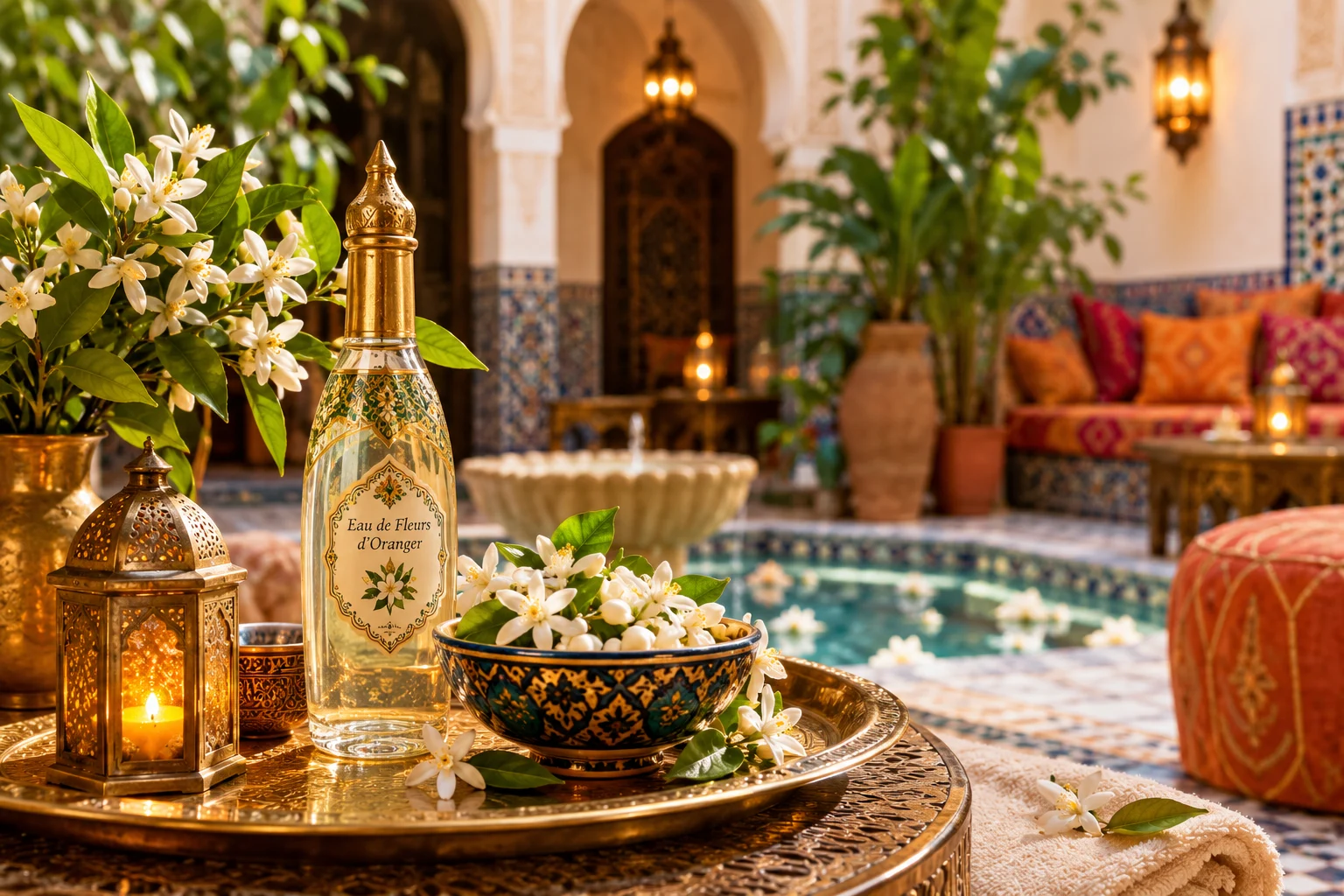 Orange blossom water and jasmine on a brass tray in a Moroccan riad garden